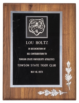 1978 Towson State Tiger Club Appreciation Plaque Presented To Lou Holtz (Holtz LOA)